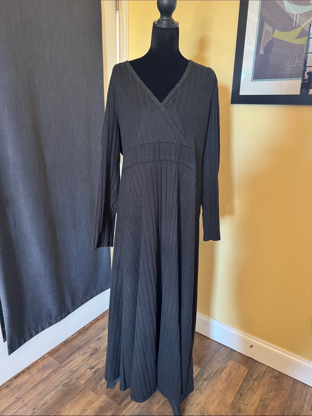 Long Sleeve V-Neck Black Pleated Maxi Dress